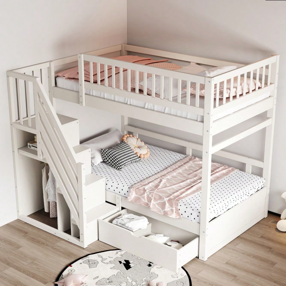 Etagenbett Aus Massivholz 90*200 cm, Mit Hohem Sicherheitsgitter, Mit Lattenrost, Sicherheitsleiter mit Stauraum, Mit Stauschubladen, Kinderbett Jugendbett, Weiß
