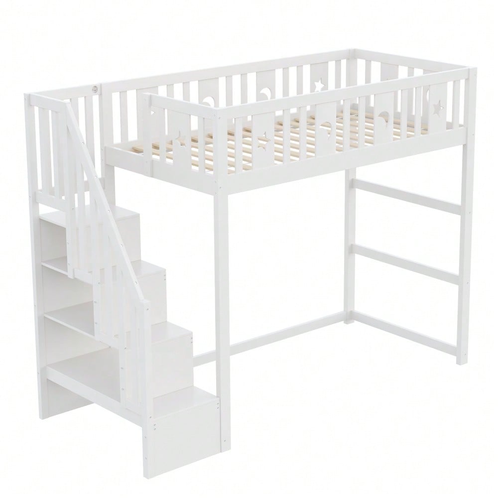 Etagenbett für Kinder 90*200 mit Treppe ,Hochbett aus Massivholz mit Sicherheitsgeländer, Stern- und Monddekoration.Weiß