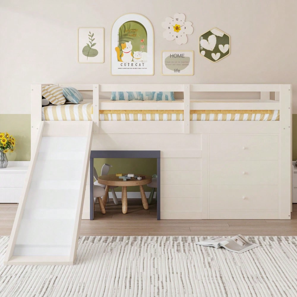 90 x 200 niedriges Hochbett mit Rutsche, drei Schubladen und zwei Türen, Creme