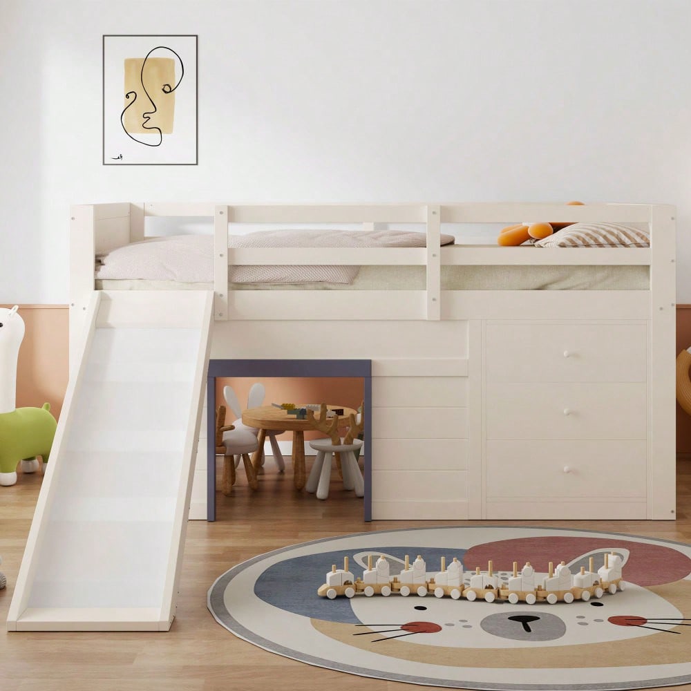 140 x 200 niedriges Hochbett mit Rutsche, drei Schubladen und zwei Türen, Creme