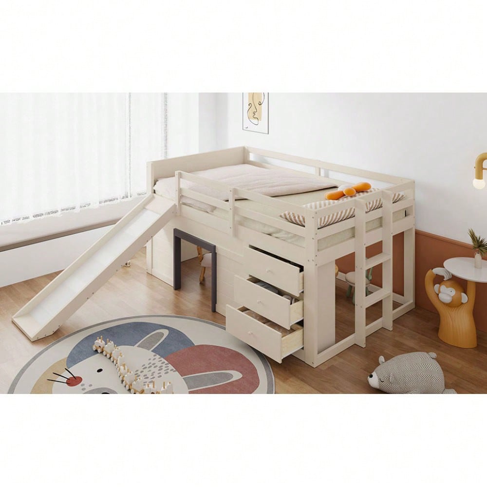 140 x 200 niedriges Hochbett mit Rutsche, drei Schubladen und zwei Türen, Creme