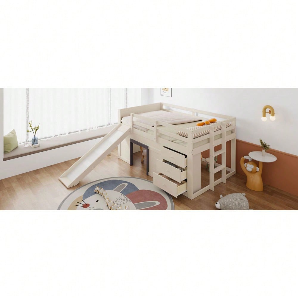 140 x 200 niedriges Hochbett mit Rutsche, drei Schubladen und zwei Türen, Creme