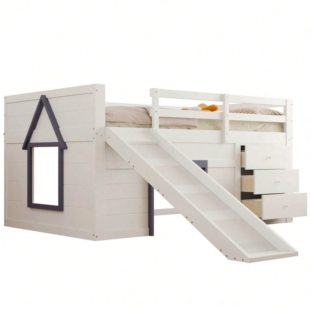 140 x 200 niedriges Hochbett mit Rutsche, drei Schubladen und zwei Türen, Creme