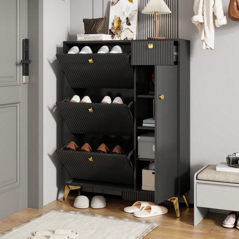 Schuhschrank mit 3 Klappen, 1 Schublade und 1 Tür, Schuhregal, Schuhkipper schmal, Schuhschrank Schwarz. Maße: H 121 cm / B 90 cm / T 25 cm