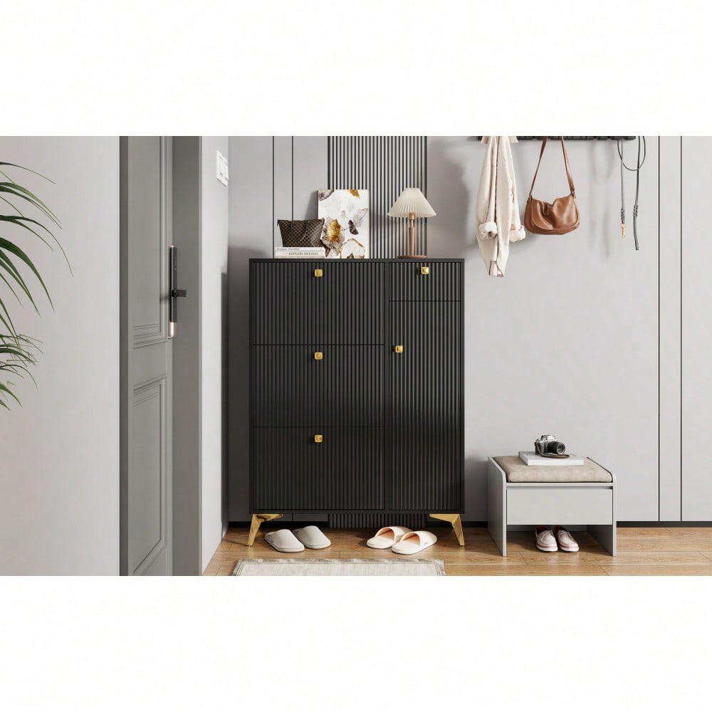 Schuhschrank mit 3 Klappen, 1 Schublade und 1 Tür, Schuhregal, Schuhkipper schmal, Schuhschrank Schwarz. Maße: H 121 cm / B 90 cm / T 25 cm