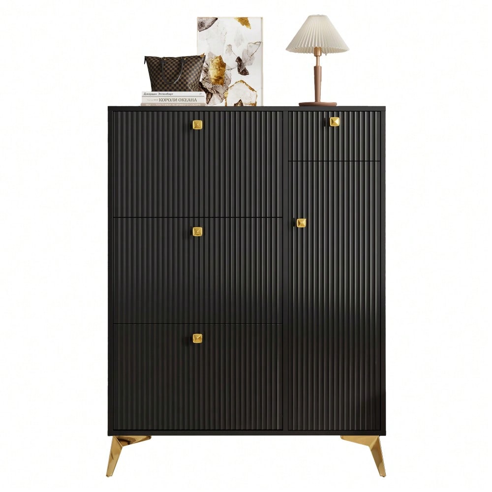 Schuhschrank mit 3 Klappen, 1 Schublade und 1 Tür, Schuhregal, Schuhkipper schmal, Schuhschrank Schwarz. Maße: H 121 cm / B 90 cm / T 25 cm