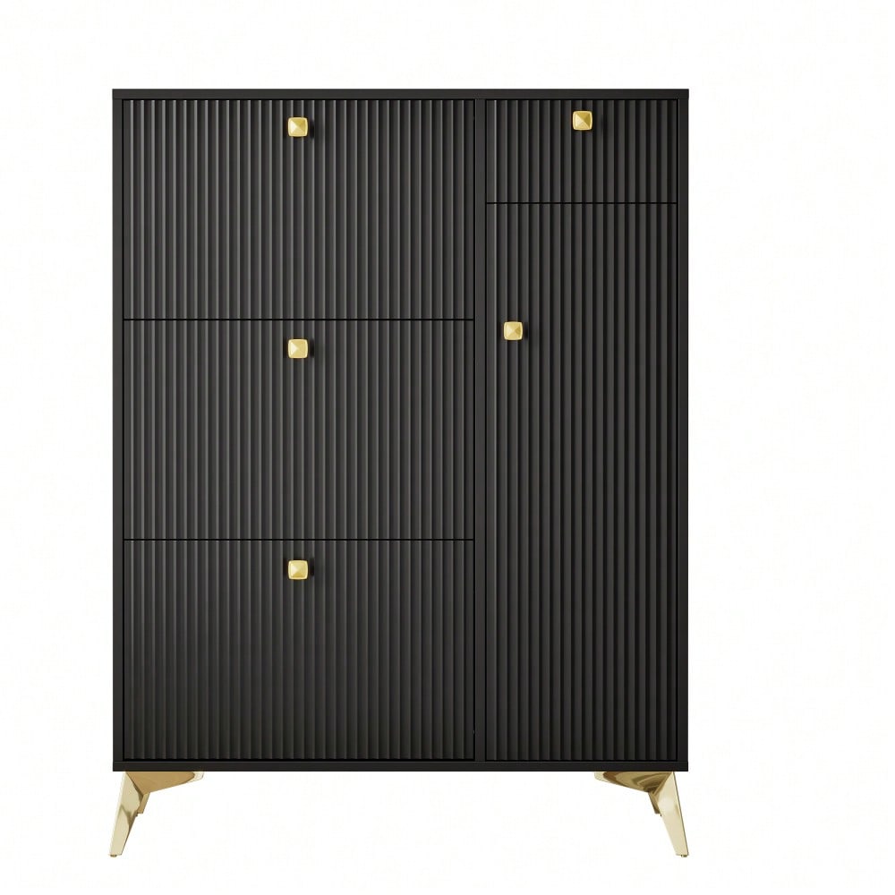 Schuhschrank mit 3 Klappen, 1 Schublade und 1 Tür, Schuhregal, Schuhkipper schmal, Schuhschrank Schwarz. Maße: H 121 cm / B 90 cm / T 25 cm