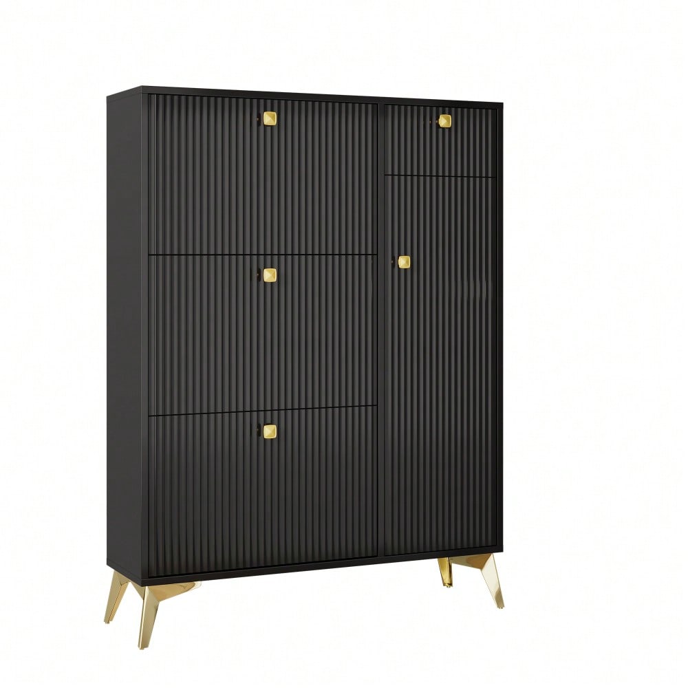 Schuhschrank mit 3 Klappen, 1 Schublade und 1 Tür, Schuhregal, Schuhkipper schmal, Schuhschrank Schwarz. Maße: H 121 cm / B 90 cm / T 25 cm