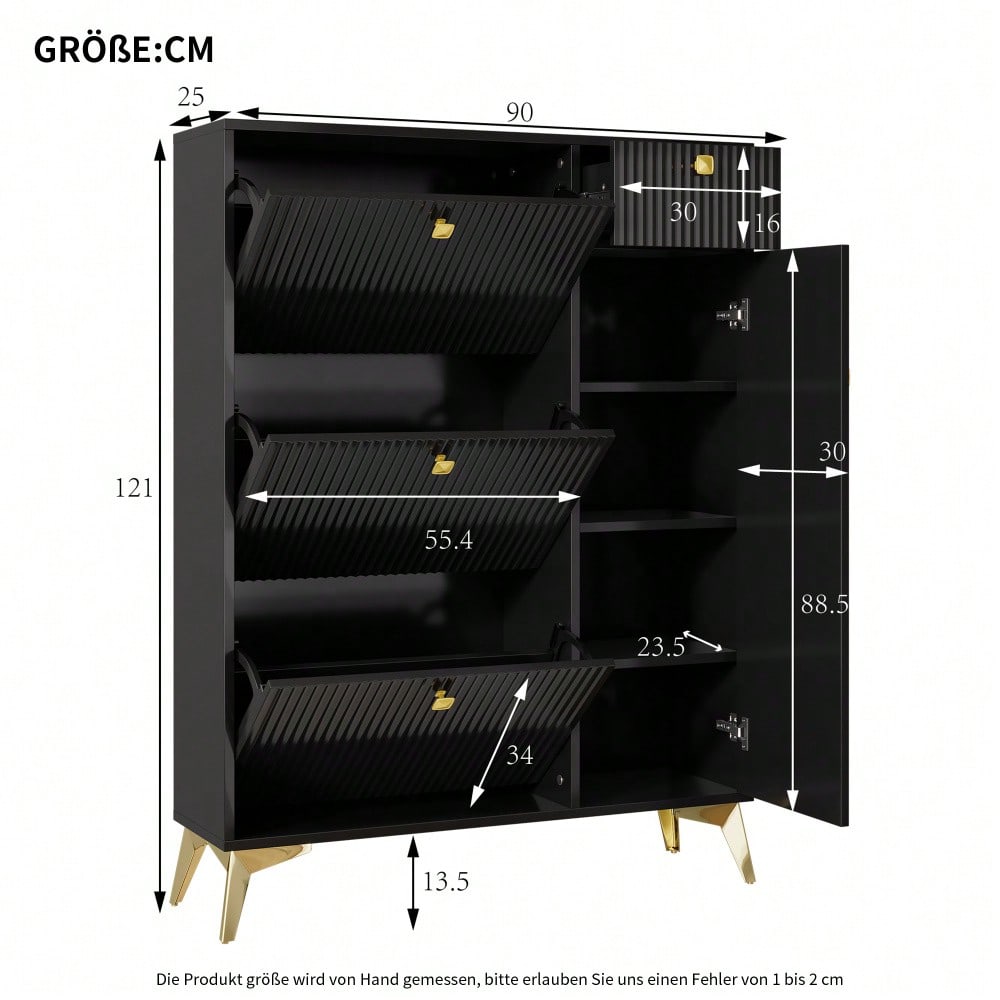 Schuhschrank mit 3 Klappen, 1 Schublade und 1 Tür, Schuhregal, Schuhkipper schmal, Schuhschrank Schwarz. Maße: H 121 cm / B 90 cm / T 25 cm