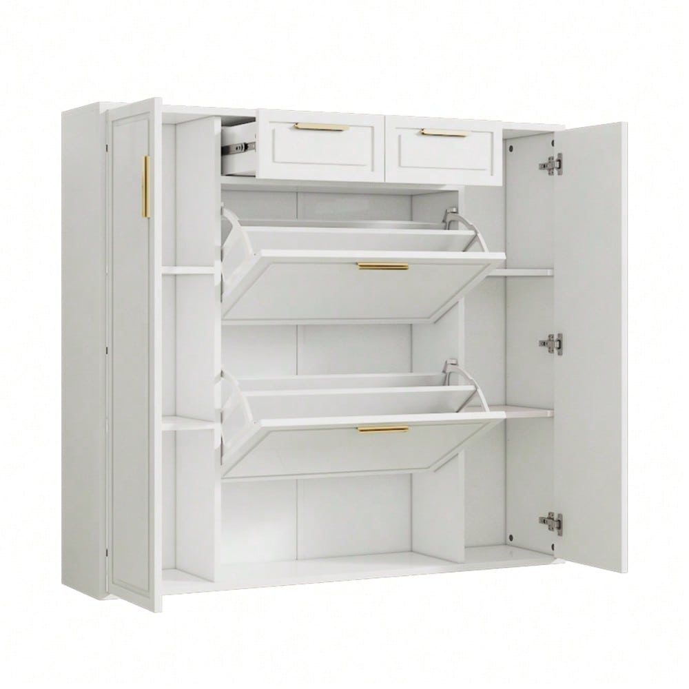 Moderne Schuhschrank, mit verstellbaren Regalen, goldenen Griffen, 2 Schubladen, Klappschuhschrank und 2 Türen, weiß, B120/D24/H107 CM