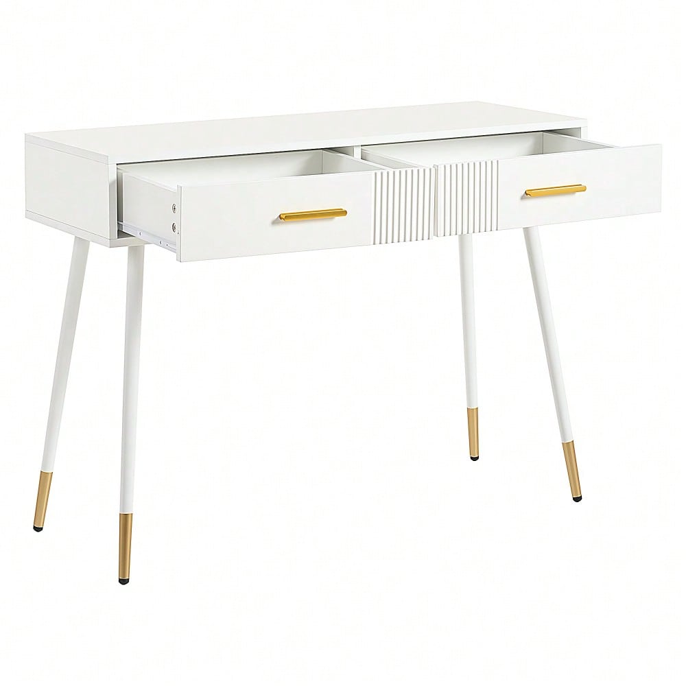 Schminktisch, Frisiertisch,Schreibtisch mit 2 Schubladen, Metallfüße, weiß, Maße: H 76 cm × B 100 cm × T 40 cm(ohne Spiegel)