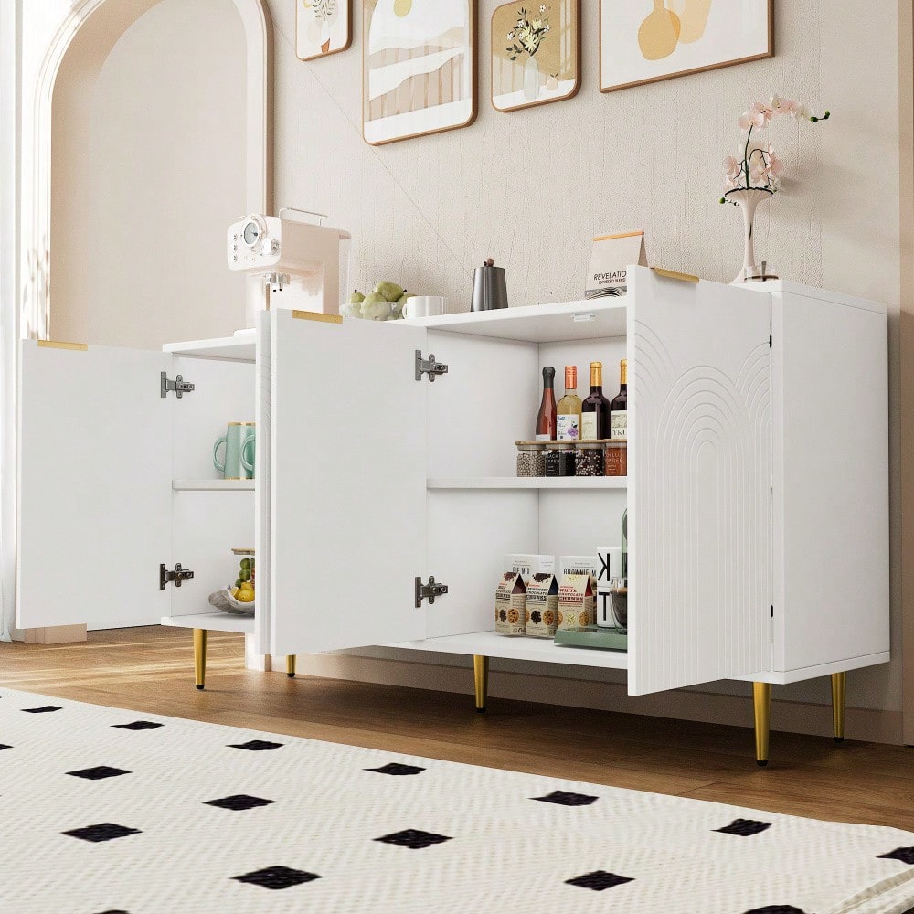 Sideboard Wohnzimmer, Kommode mit 4 Türen Goldene Gebürstete Griffe und Hochglanz Tischbeine Komodenschrank, Weiß, maße 160×80×40 cm (B×H×T)