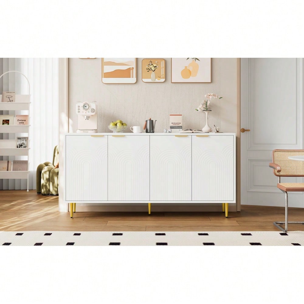 Sideboard Wohnzimmer, Kommode mit 4 Türen Goldene Gebürstete Griffe und Hochglanz Tischbeine Komodenschrank, Weiß, maße 160×80×40 cm (B×H×T)