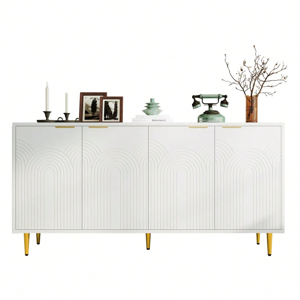 Sideboard Wohnzimmer, Kommode mit 4 Türen Goldene Gebürstete Griffe und Hochglanz Tischbeine Komodenschrank, Weiß, maße 160×80×40 cm (B×H×T)