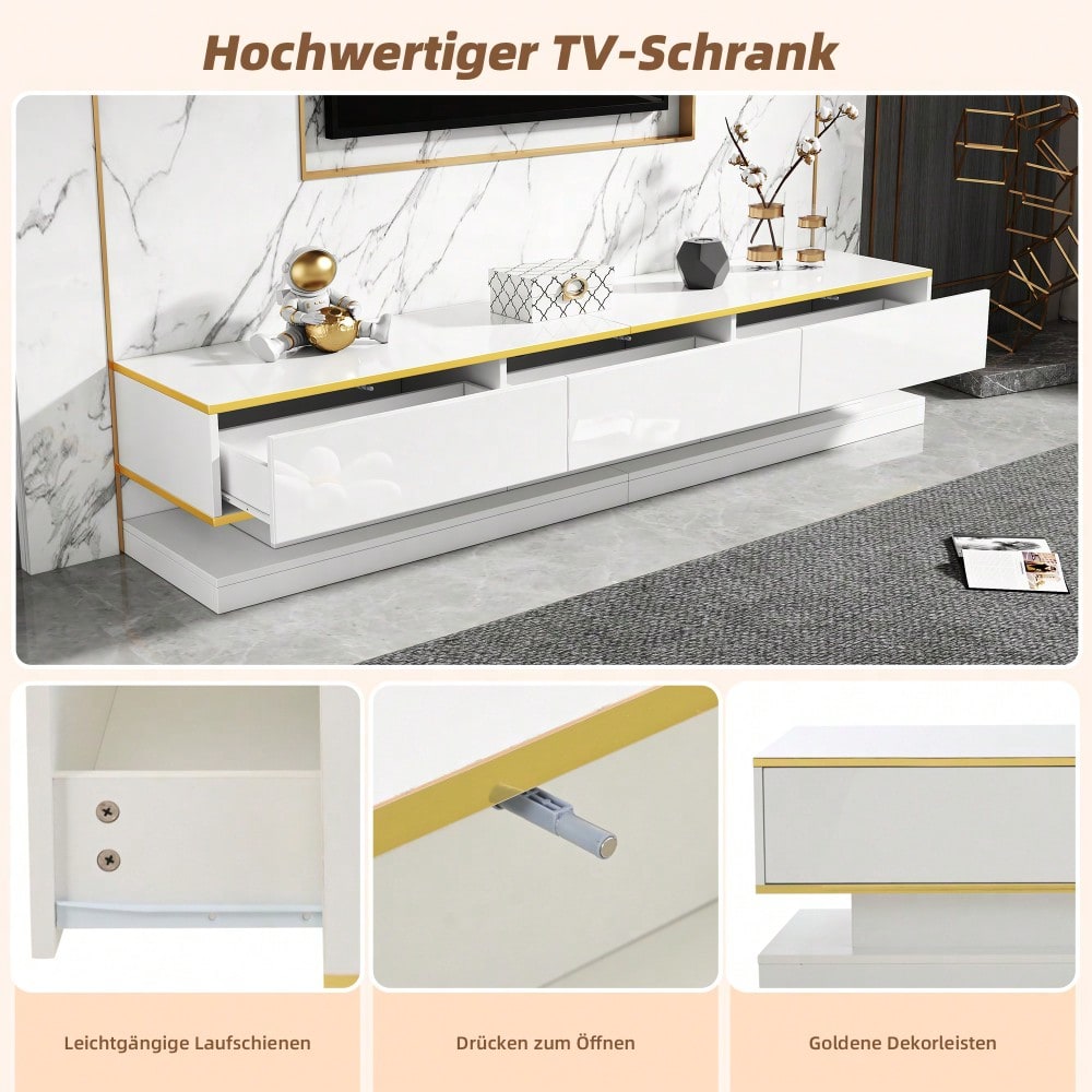 200*40*40cm Fernsehschrank, Lowboard mit 3 Schubladen, Hochglanz-TV-Ständer,Wohnzimmerschrank mit großem Stauraum, Warmweißer TV-Tisch mit goldener Kante,Standfernsehschrank