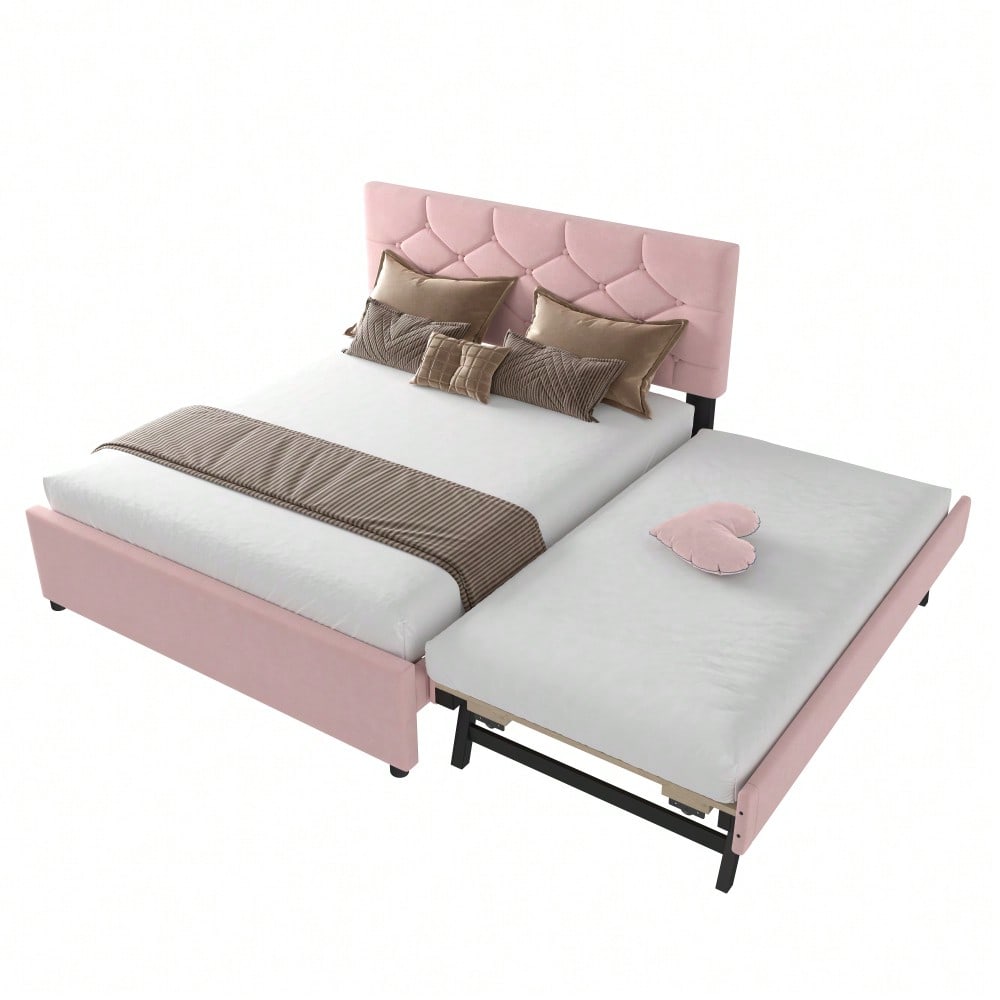 Polsterbett, 140x200cm, Bett mit Lattenrost (ohne Matratze), Bett mit Rollcontainer, Samt, Minimalistisch, Rosa