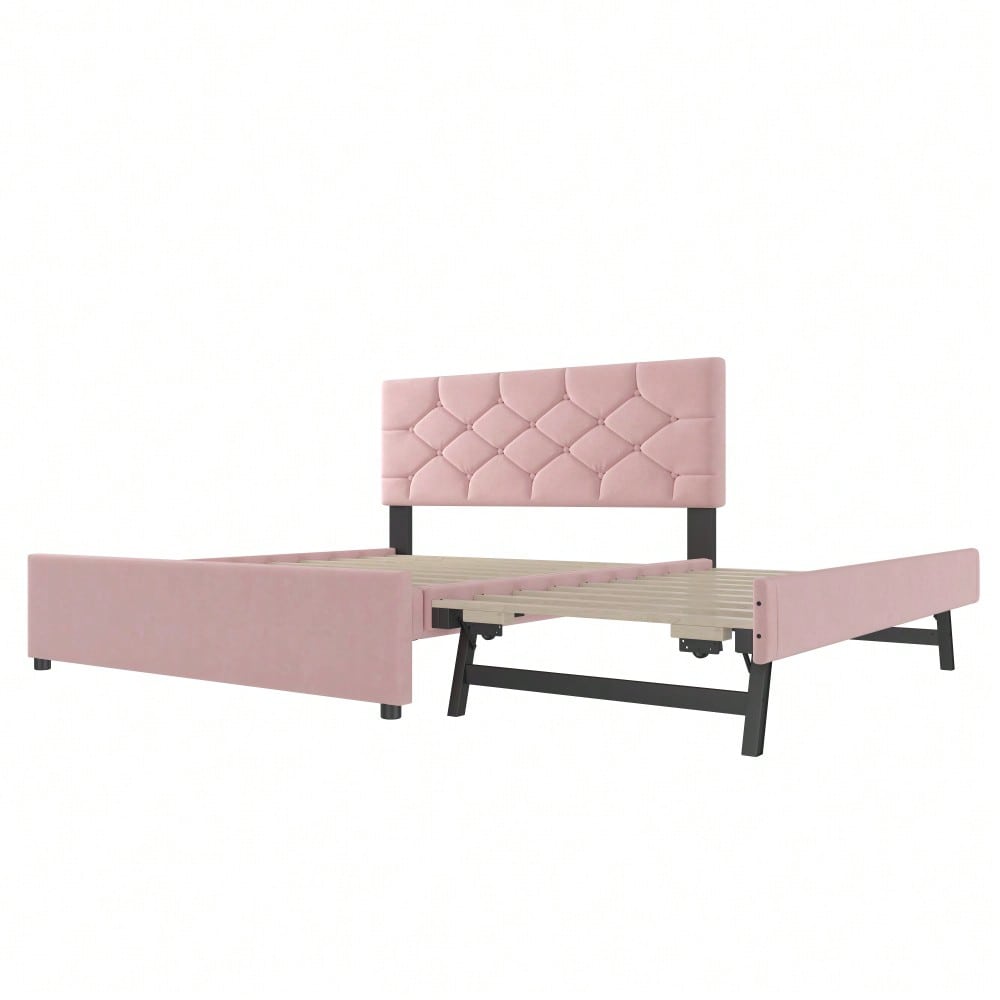 Polsterbett, 140x200cm, Bett mit Lattenrost (ohne Matratze), Bett mit Rollcontainer, Samt, Minimalistisch, Rosa