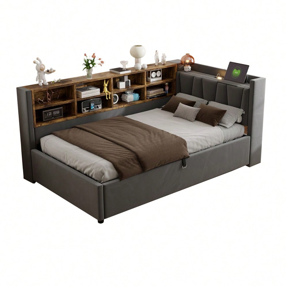 Polsterbett Schlafsofa 90*200 cm, Mit Hydraulischem Stauraum, Mit Nachtlicht, USB- und Typ-C-Ladeanschluss, Mit Ablagen und Staufächern, Gepolstertes Kopfteil, Multifunktionsbett Samtstoff Dunkelgrau