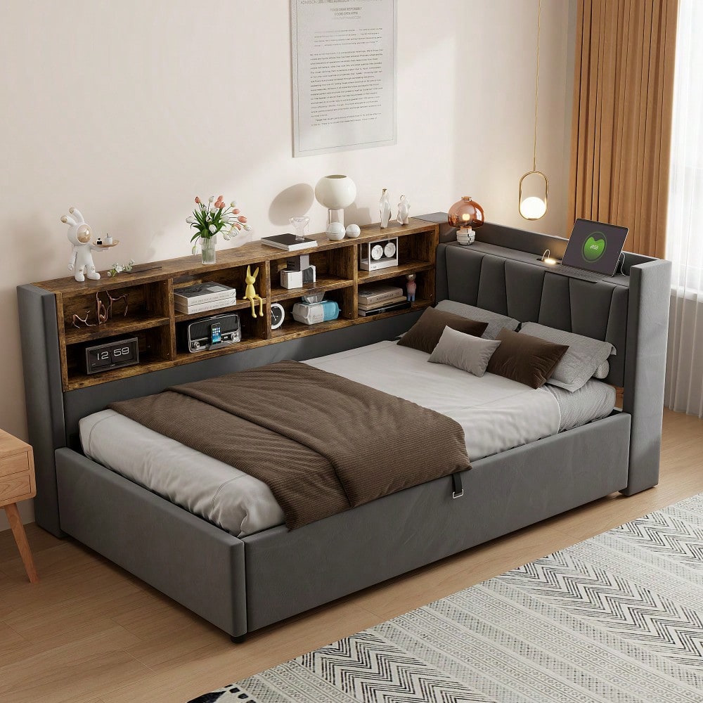Polsterbett Schlafsofa 90*200 cm, Mit Hydraulischem Stauraum, Mit Nachtlicht, USB- und Typ-C-Ladeanschluss, Mit Ablagen und Staufächern, Gepolstertes Kopfteil, Multifunktionsbett Samtstoff Dunkelgrau