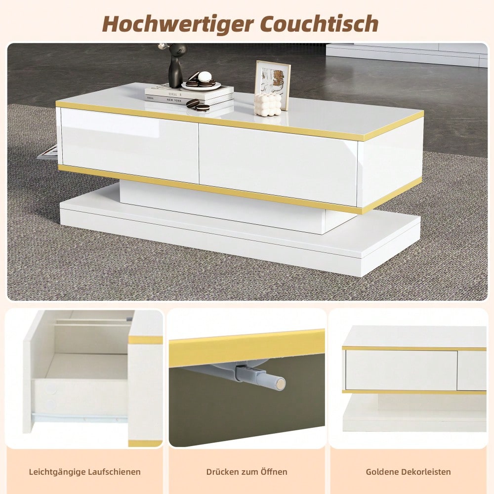 100*50*38cm Hochglanz-Couchtisch,Sofatisch mit 2 großen Schubladen, einzigartiger Wohnzimmertisch, warmweiß + goldener Rand kaffeetisch,Beistelltisch mit schmaler Mitte und breiter Ober- und Untersei