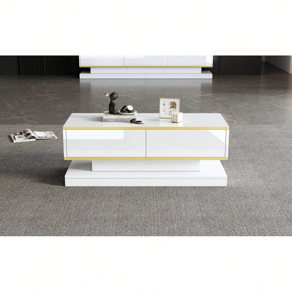 100*50*38cm Hochglanz-Couchtisch,Sofatisch mit 2 großen Schubladen, einzigartiger Wohnzimmertisch, warmweiß + goldener Rand kaffeetisch,Beistelltisch mit schmaler Mitte und breiter Ober- und Untersei
