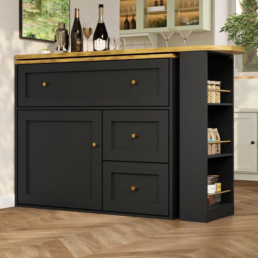 Ausziehbarer Bartisch mit Stauraum(138-204×39×105cm) , Küchenschrank, Sideboard mit Snackregal, Teleskopischer Bartisch, Stehtisch Bistrotisch Hochtisch Kücheninsel, schwarz