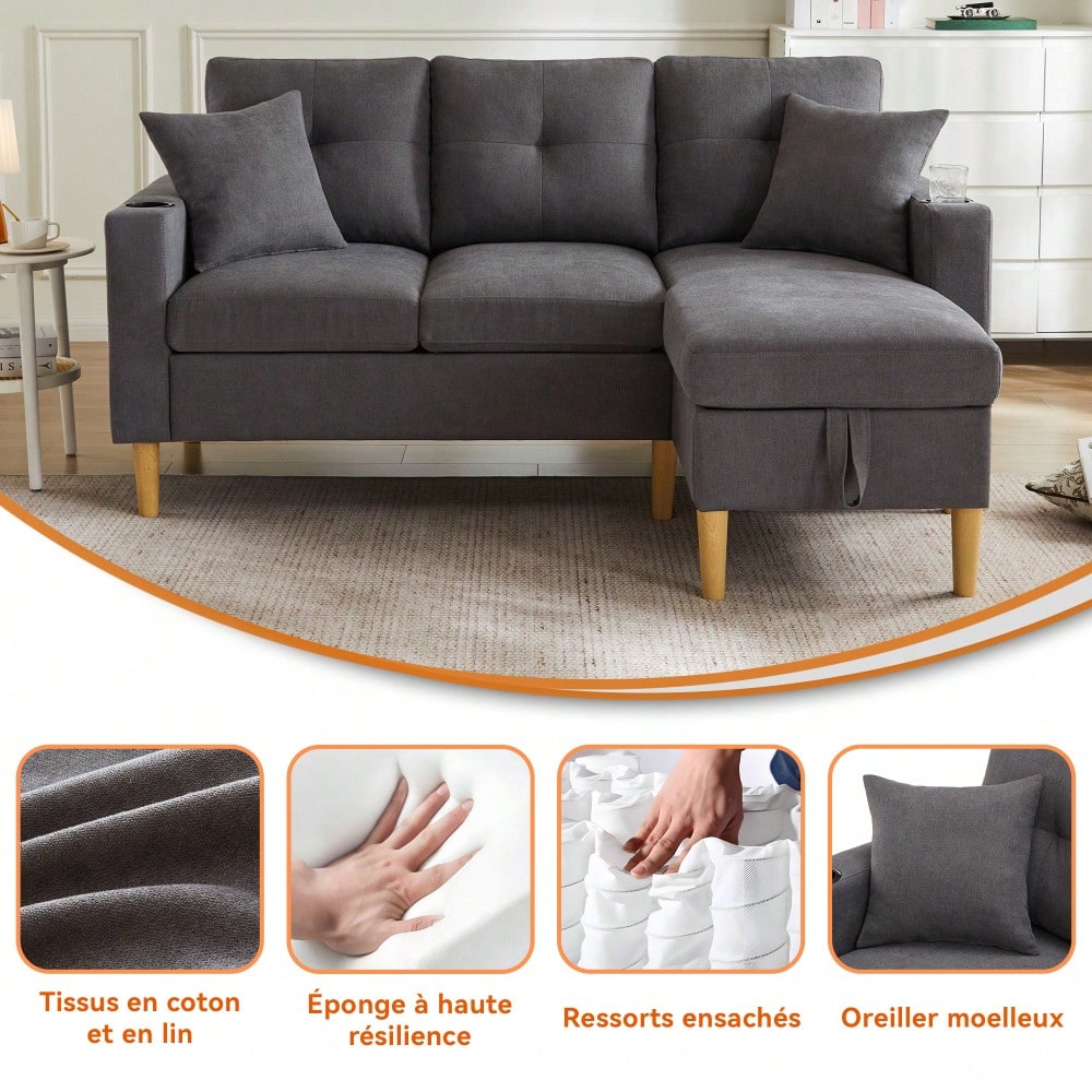 L-förmiges modernes Sofa, 3-Sitzer-Sofa mit Chaiselongue, Stauraum, integriertem Getränkehalter, wird mit 2 Kissen geliefert, geeignet für Wohnzimmer, Büro, Wohnung usw., Video verfügbar