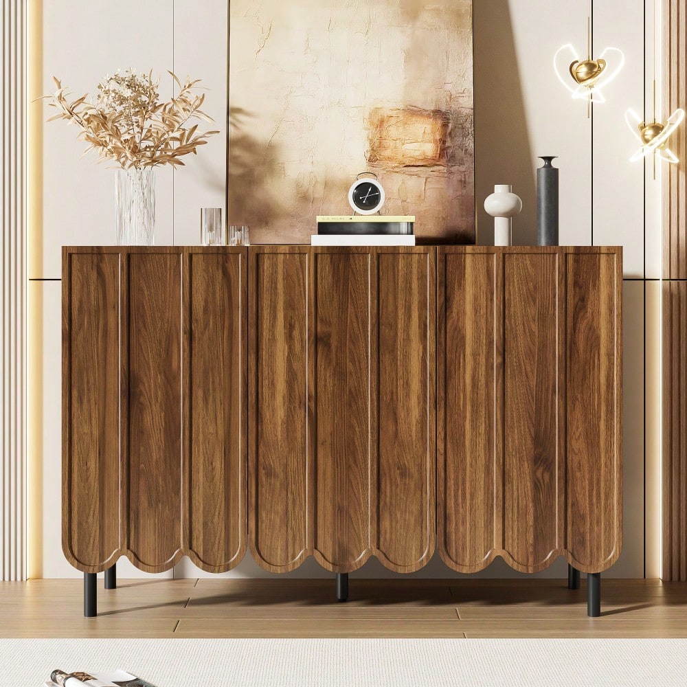 Modernes holzfarbenes Sideboard mit Wellentüren – 120x35x80 cm – grifflos, verstellbare Regale – Stauraum für Wohnzimmer, Flur & Esszimmer