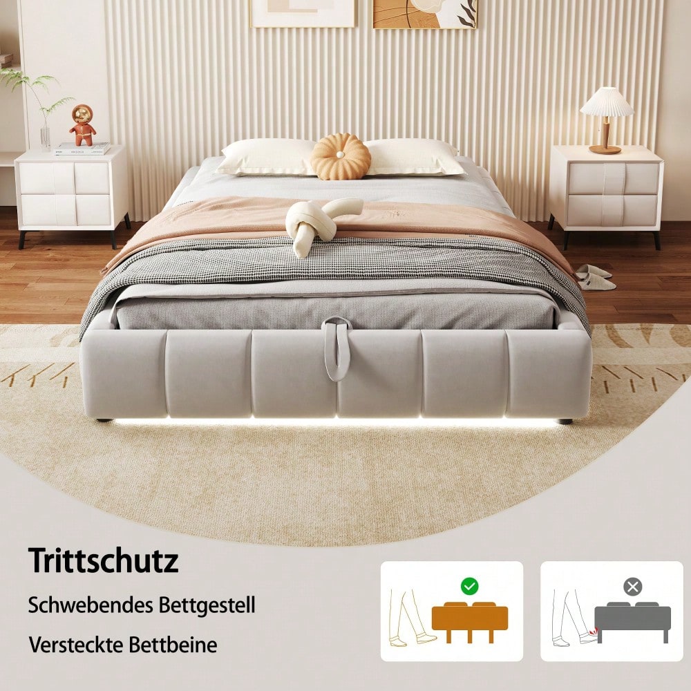 Polsterbett 140 x 200 cm, ohne Kopfteil, mit LED-Lichtleiste (einfarbig), Hydraulischer Schwebebettrahmen mit Stauraum,Einzelbett, Jugendbett, Beige