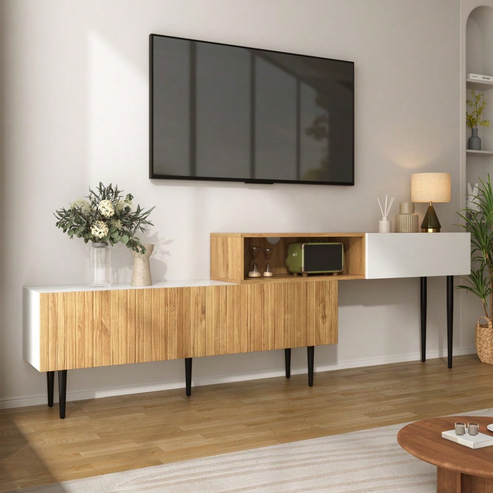 Moderner TV-Schrank mit verstellbarer Länge, Modulares 2-teiliges Design, Holzoptik + Weiß matt, Schwarze Metallbeine, Multifunktionales Wohnzimmermöbel