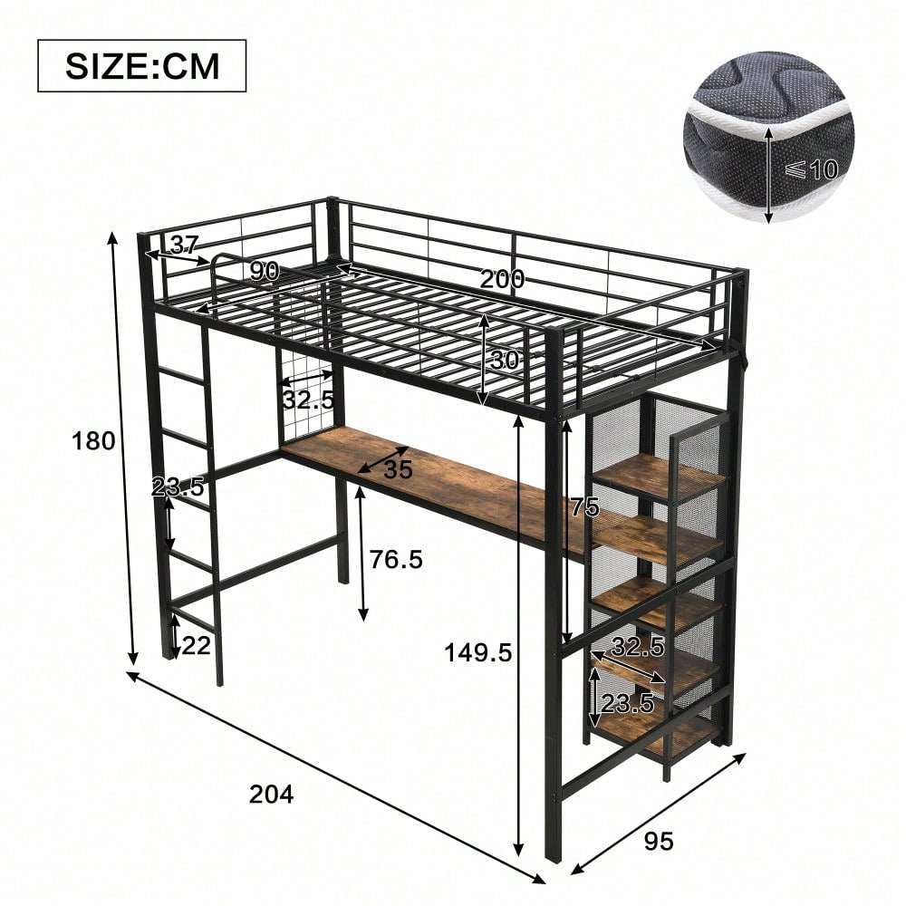 Hochbett, Eisenbett, Eisen + MDF, Mit Tisch und Regalschrank mit mehrfachen Ablageebenen, mit Metallgitter ausgestattet, stabile Geländer und Leiter, Schwarz + dunkle Holzfarbe, 90x200cm