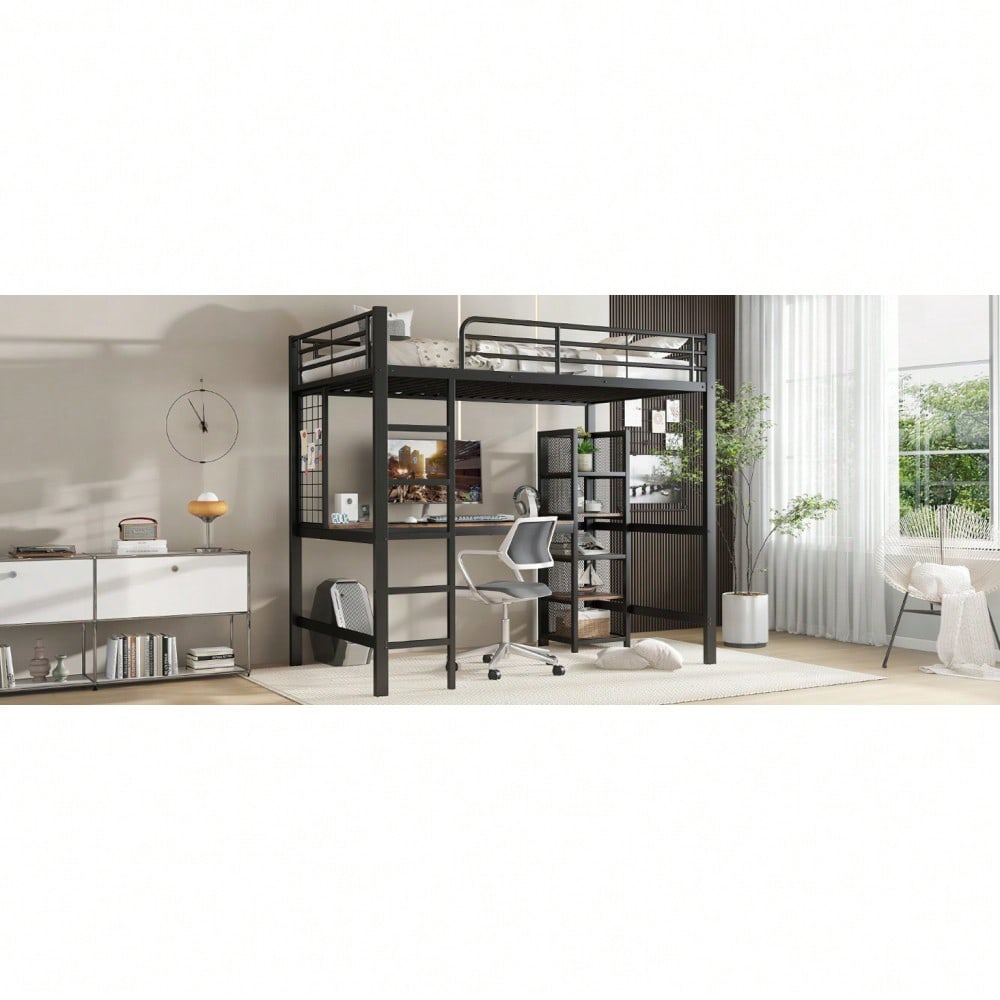 Hochbett, Eisenbett, Eisen + MDF, Mit Tisch und Regalschrank mit mehrfachen Ablageebenen, mit Metallgitter ausgestattet, stabile Geländer und Leiter, Schwarz + dunkle Holzfarbe, 90x200cm