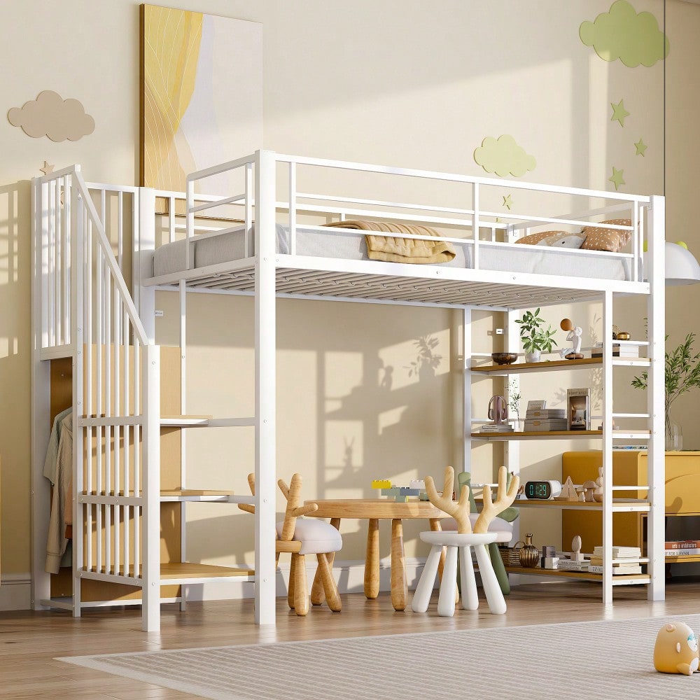 Hochbett 90*200, mit Sicherheitstreppe, Stauraum und kleinem Kleiderschrank, Einlegeböden, hohes Zaundesign, Einzelbett, Jugendbett,Weiß (Alte SKU für LDB00162AAK)