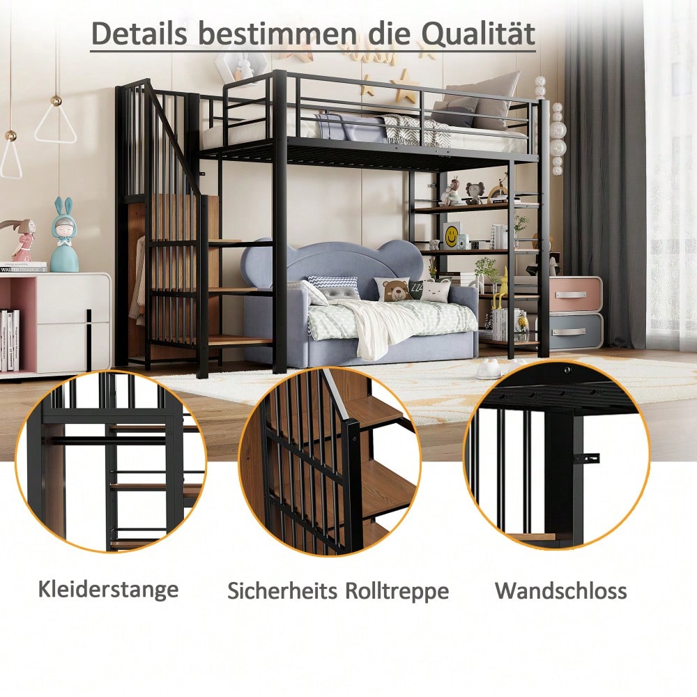 Hochbett 90*200, mit Sicherheitstreppe, Stauraum und kleinem Kleiderschrank, Einlegeböden, hohes Zaundesign, Einzelbett, Jugendbett, schwarz (Alte SKU für LDB00162AAB)