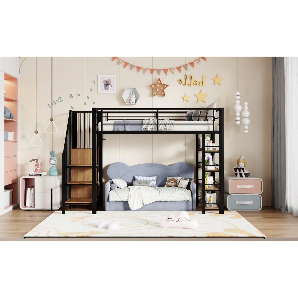 Hochbett 90*200, mit Sicherheitstreppe, Stauraum und kleinem Kleiderschrank, Einlegeböden, hohes Zaundesign, Einzelbett, Jugendbett, schwarz (Alte SKU für LDB00162AAB)