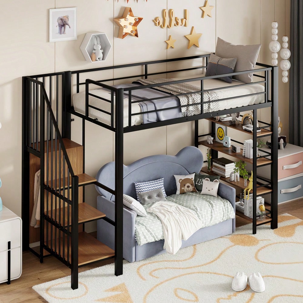 Hochbett 90*200, mit Sicherheitstreppe, Stauraum und kleinem Kleiderschrank, Einlegeböden, hohes Zaundesign, Einzelbett, Jugendbett, schwarz (Alte SKU für LDB00162AAB)