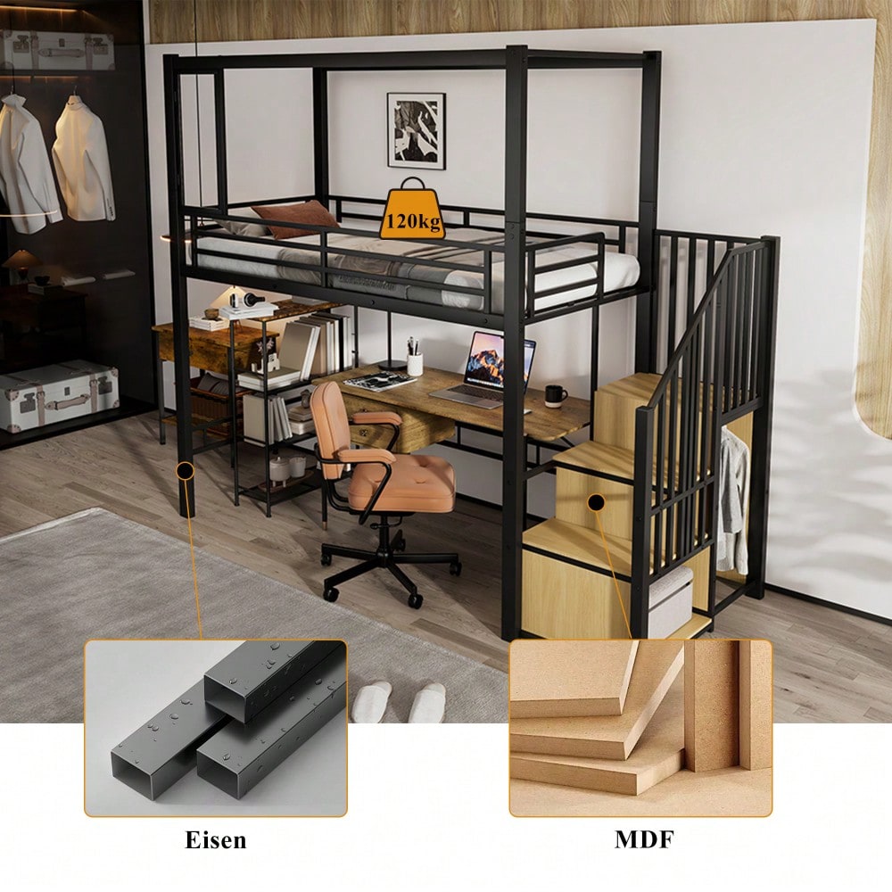 Hochbett, Eisenbett, Eisen + MDF, Treppe mit einer Garderobe und Ablagefächern, Acrylplatte Fenster mit magnetischer Anziehungskraft, freie Gestaltung der unteren Etage, Schwar+ Natur