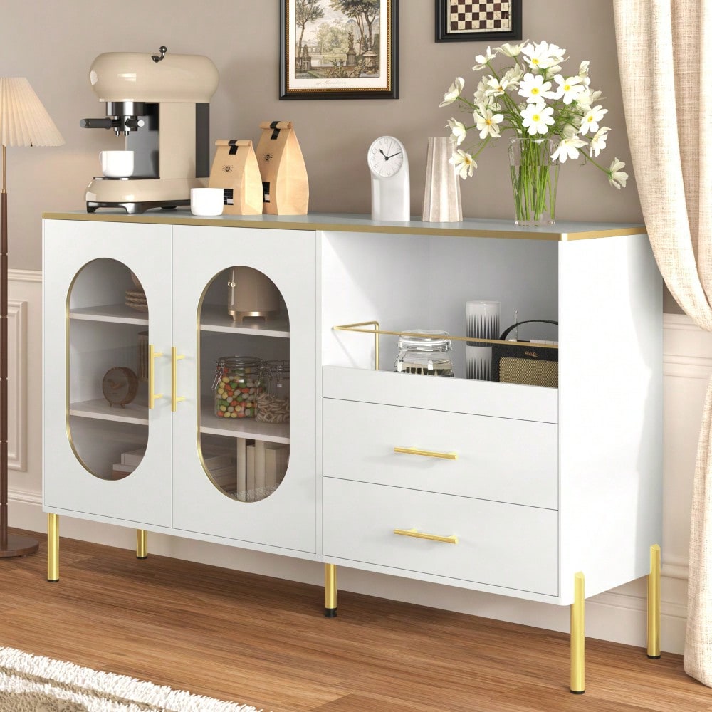 Eleganter Sideboard-Schrank mit 2 Schubladen & 2 Glastüren – Moderne Kommode in Weiß mit Goldakzenten – Viel Stauraum – Für Wohnzimmer, Esszimmer, Flur
