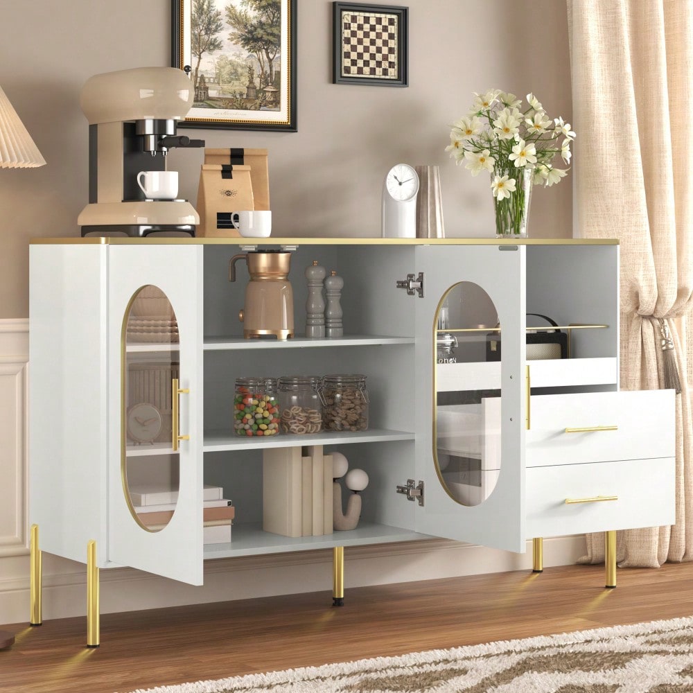 Eleganter Sideboard-Schrank mit 2 Schubladen & 2 Glastüren – Moderne Kommode in Weiß mit Goldakzenten – Viel Stauraum – Für Wohnzimmer, Esszimmer, Flur