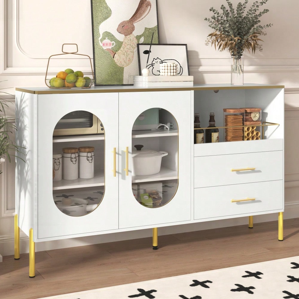 Eleganter Sideboard-Schrank mit 2 Schubladen & 2 Glastüren – Moderne Kommode in Weiß mit Goldakzenten – Viel Stauraum – Für Wohnzimmer, Esszimmer, Flur