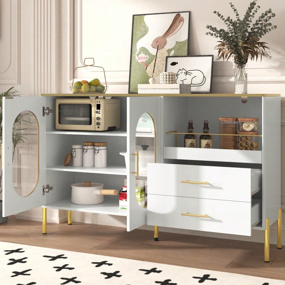 Eleganter Sideboard-Schrank mit 2 Schubladen & 2 Glastüren – Moderne Kommode in Weiß mit Goldakzenten – Viel Stauraum – Für Wohnzimmer, Esszimmer, Flur