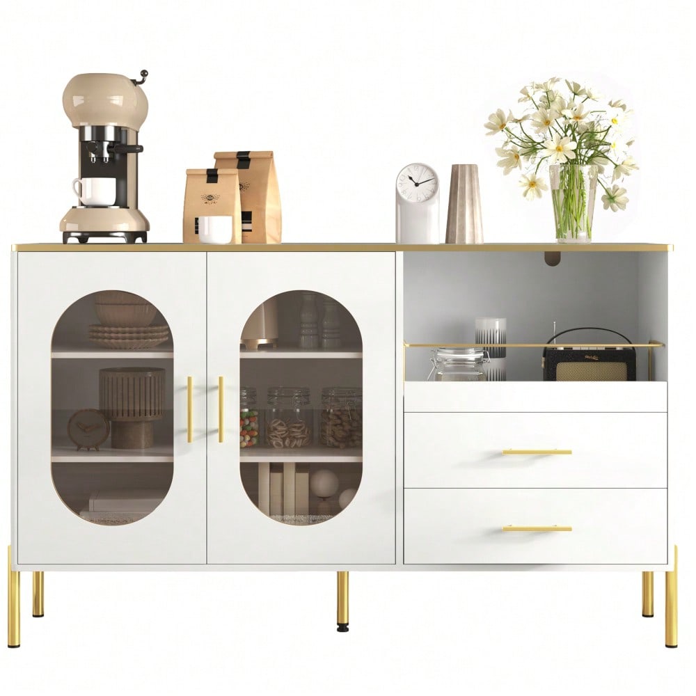 Eleganter Sideboard-Schrank mit 2 Schubladen & 2 Glastüren – Moderne Kommode in Weiß mit Goldakzenten – Viel Stauraum – Für Wohnzimmer, Esszimmer, Flur