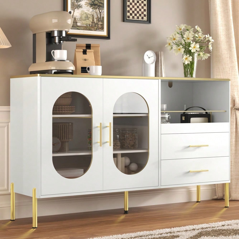 Eleganter Sideboard-Schrank mit 2 Schubladen & 2 Glastüren – Moderne Kommode in Weiß mit Goldakzenten – Viel Stauraum – Für Wohnzimmer, Esszimmer, Flur