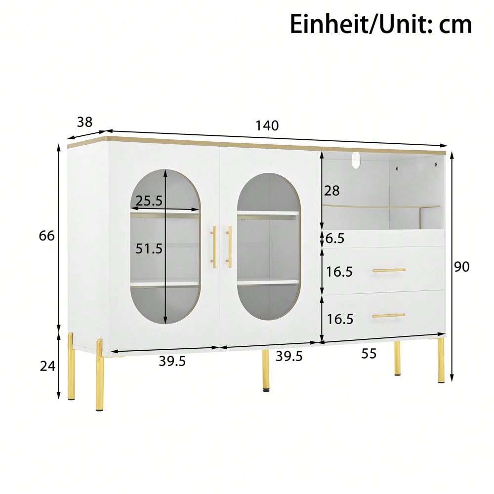 Eleganter Sideboard-Schrank mit 2 Schubladen & 2 Glastüren – Moderne Kommode in Weiß mit Goldakzenten – Viel Stauraum – Für Wohnzimmer, Esszimmer, Flur