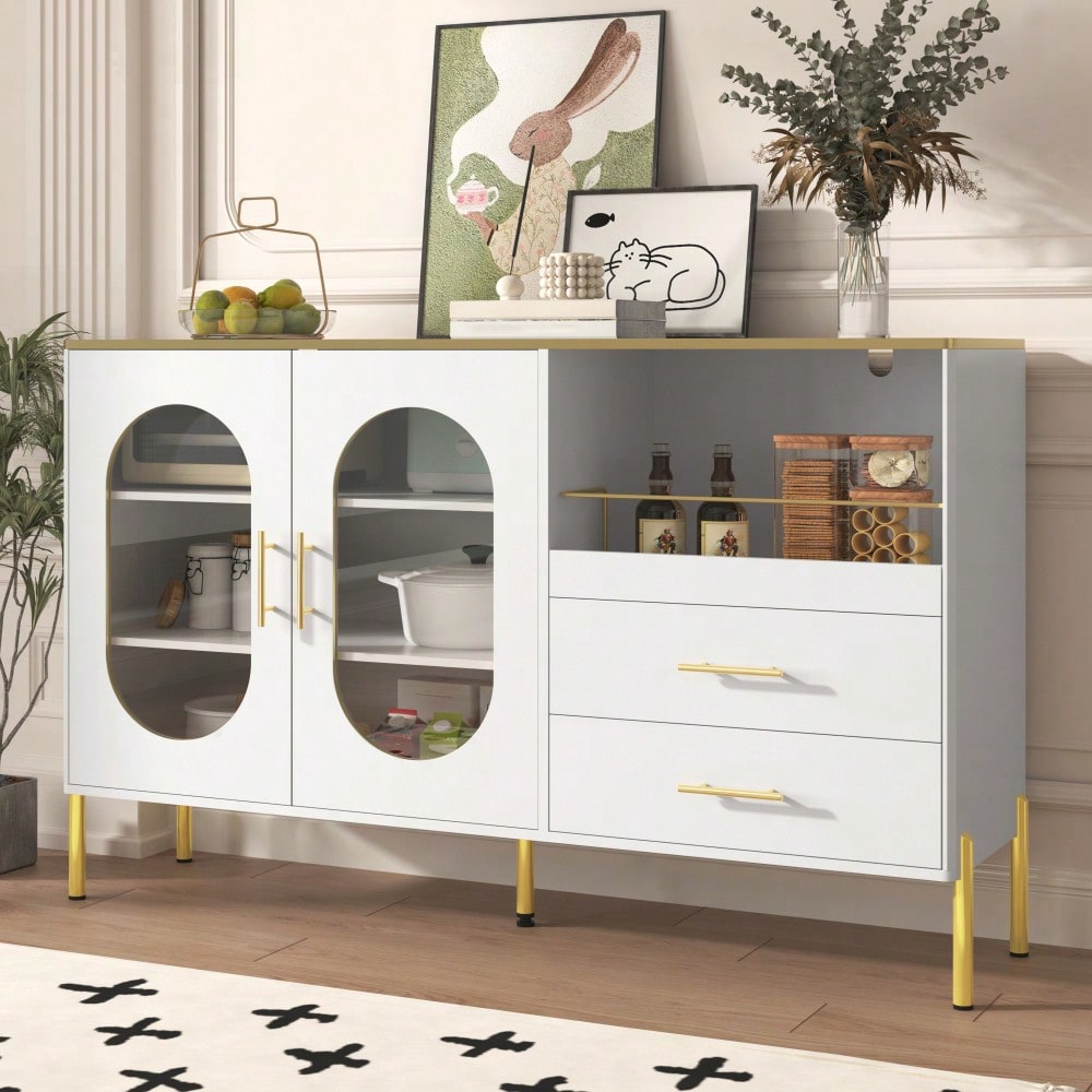 Eleganter Sideboard-Schrank mit 2 Schubladen & 2 Glastüren – Moderne Kommode in Weiß mit Goldakzenten – Viel Stauraum – Für Wohnzimmer, Esszimmer, Flur