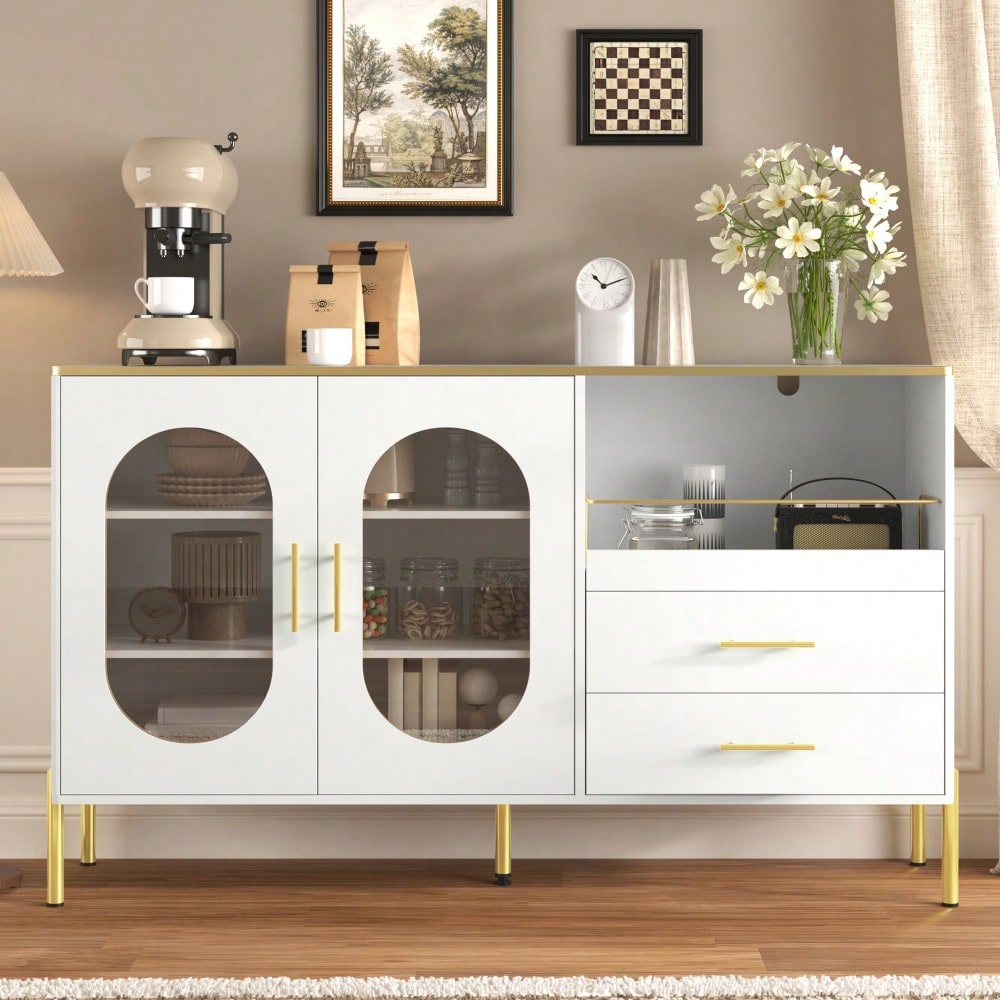 Eleganter Sideboard-Schrank mit 2 Schubladen & 2 Glastüren – Moderne Kommode in Weiß mit Goldakzenten – Viel Stauraum – Für Wohnzimmer, Esszimmer, Flur