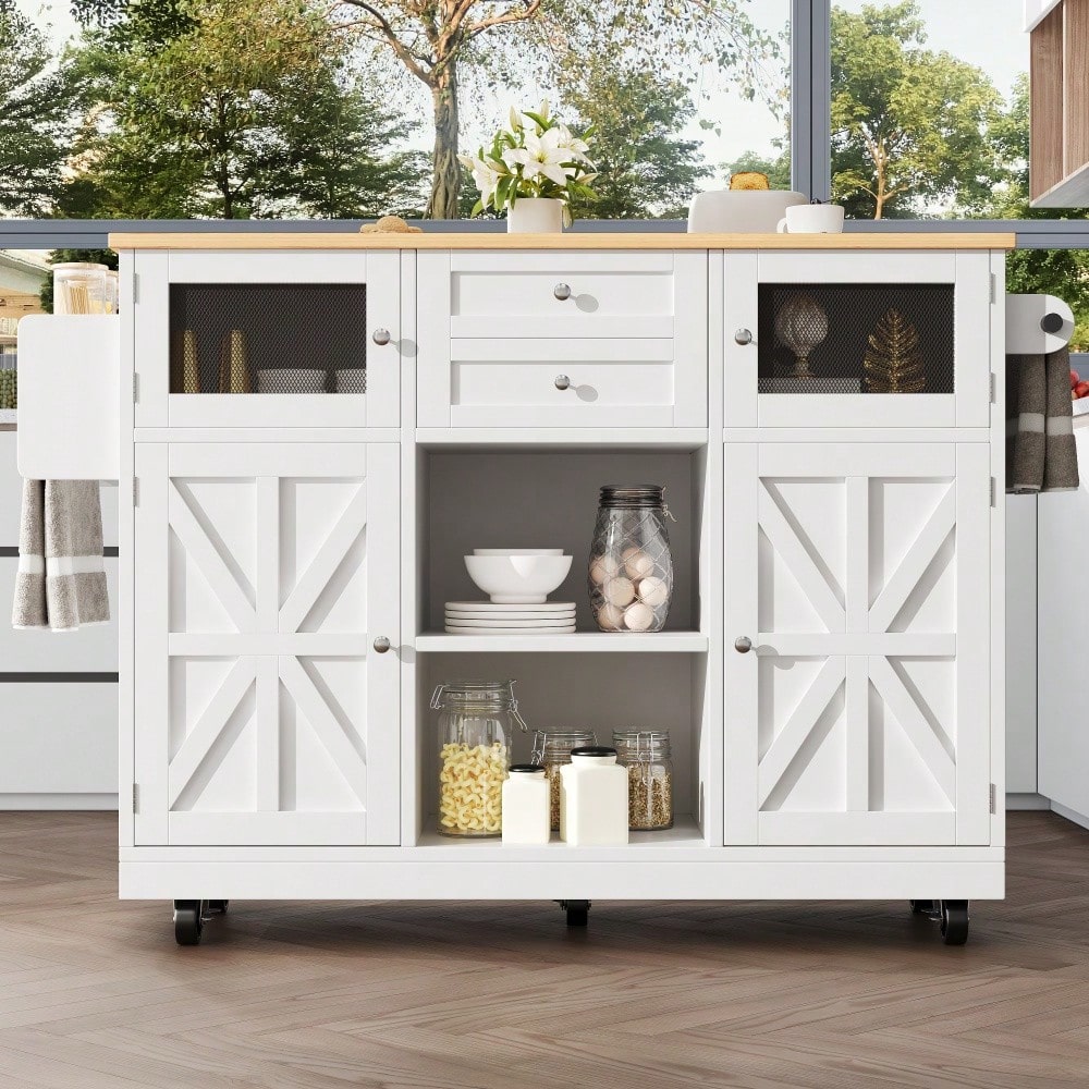 Kücheninsel, Esszimmerwagen mit Arbeitsplatte, Buffetschrank, Esszimmerwagen mit Holzmaserung, seitlicher Handtuchhalter, dreidimensionale Schranktüren mit Rollen, verstellbare Trennwände, weiß