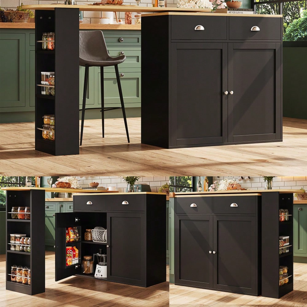 360° drehbare Essbar, schlicht und modern, multifunktionale Aufbewahrung, geeignet für Schlafzimmer, Wohnzimmer, Esszimmer, drehbarer Sideboardschrank mit 2 Schubladen, 2 Türen, Seitenregalen, schwarz