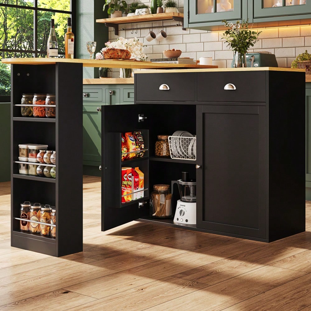 360° drehbare Essbar, schlicht und modern, multifunktionale Aufbewahrung, geeignet für Schlafzimmer, Wohnzimmer, Esszimmer, drehbarer Sideboardschrank mit 2 Schubladen, 2 Türen, Seitenregalen, schwarz