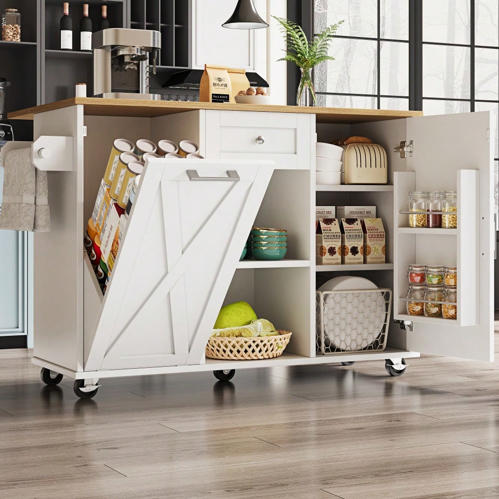 Moderne Kücheninsel, Küchenschrank für Mülleimer, buffetschrank, Multifunktionale Esstisch mit Speicherraum, Speisewagen mit Snackregalen und Stretchfunktionsschränken, weiß